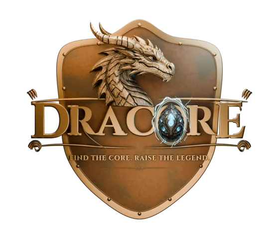 Dracore crest: a bronze dragon over a shield, with a glowing storm-blue egg set in the O