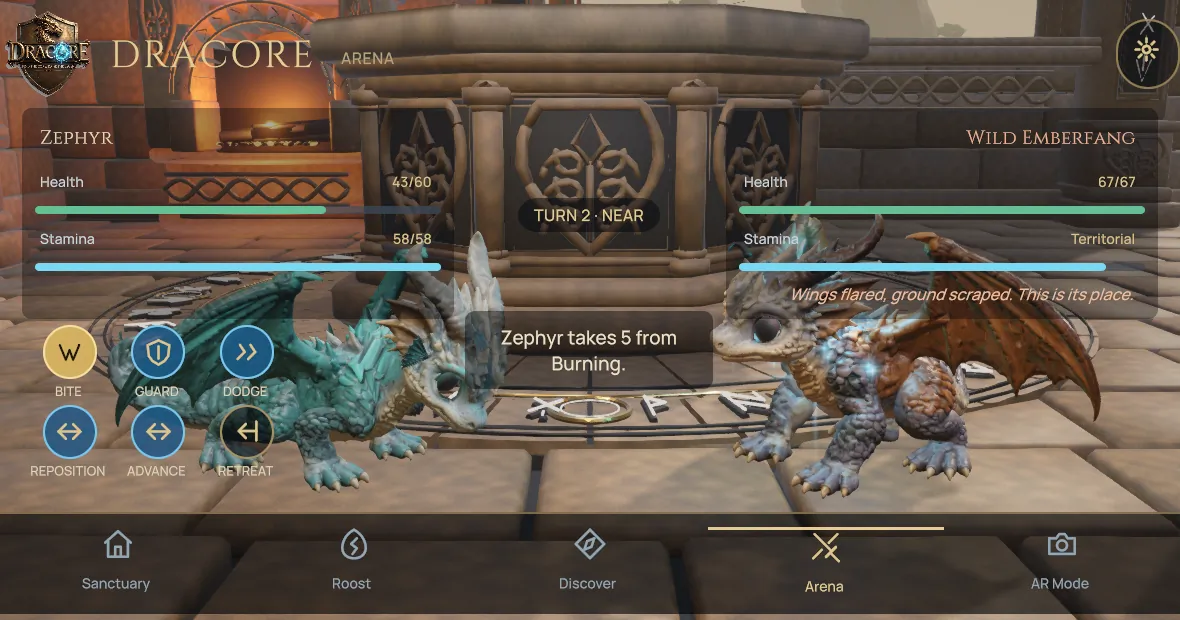 Arena battle: a Tidecrest hatchling faces a wild Emberfang, with health and stamina bars and the actions Bite, Guard, Dodge, Reposition, Advance and Retreat