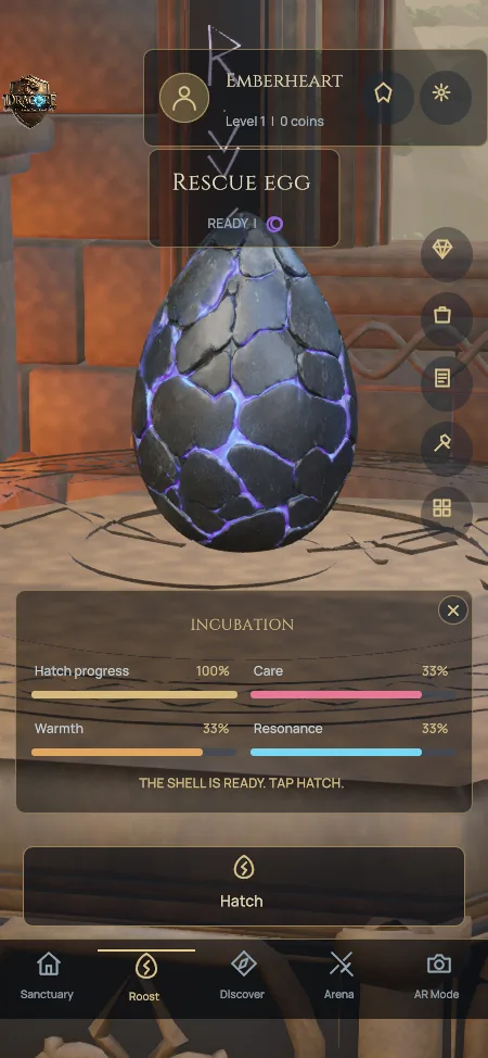 A dark egg veined with glowing blue and violet light on its pedestal, with incubation bars for Care, Warmth and Resonance
