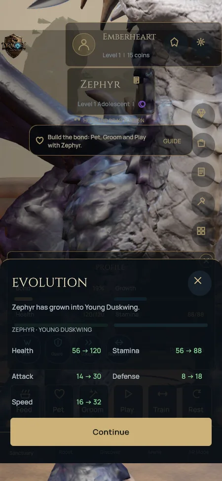 Evolution card: Zephyr has grown into a Young Duskwing, with health, attack, defense and speed all increased